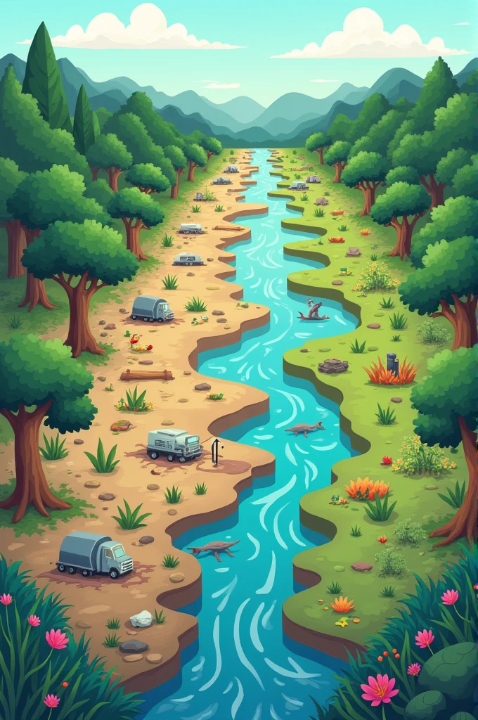 Draw a picture: half depicting degraded wetlands, half a beautiful natural scene. Keep it simple cartoon