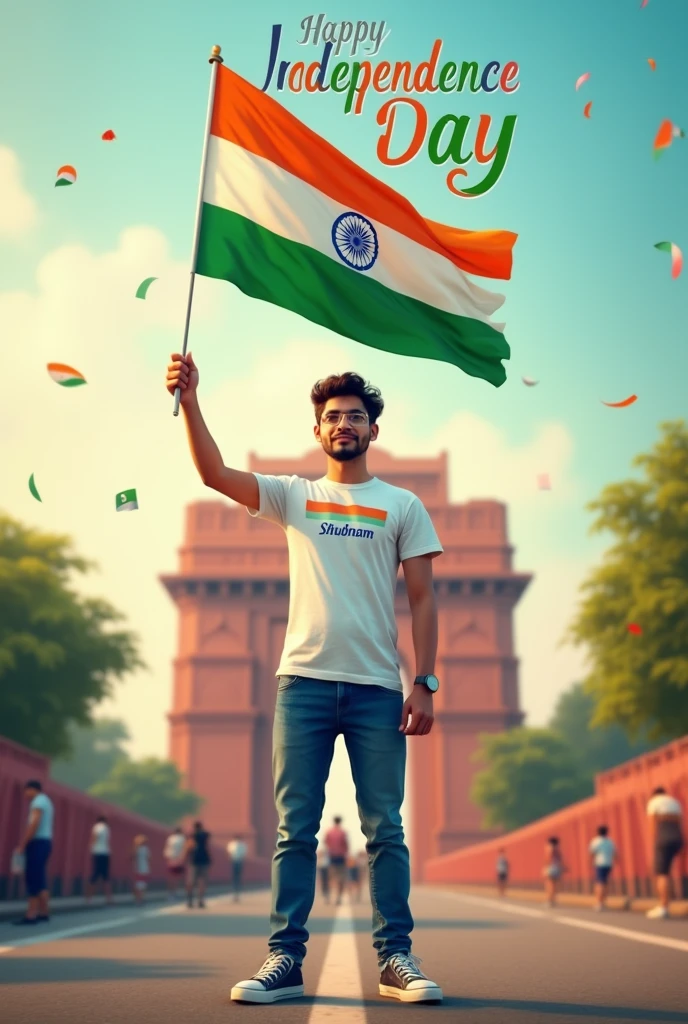 A real 23 years old boy, Wearing White T shirt blue jeans sneakers and the name "Shubham" is written on his t-shirt and the boy is standing on the road with holding a national flag of India, and behind him is the Red Fort Delhi. And written on sky "Independence Day" Create Realistic image high qua