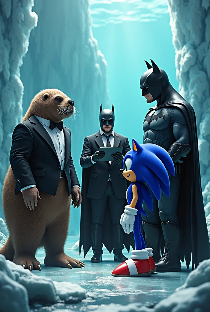 A walrus marrying Sonic,and Batman being the priest in the middle of the ice apocalypse under the sea

