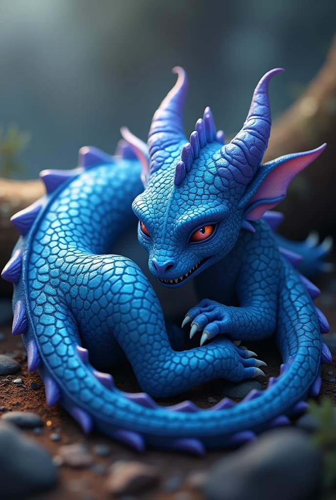 Blue Dragon, a 10-year-old child, detailed scales, iridescent blue scales, glowing eyes, sharp teeth, claws, small wings, curled body, sleeping, adorable, magical creature, fantasy art, digital painting, highly detailed, 8k, photorealistic, cinematic lighting, warm color palette