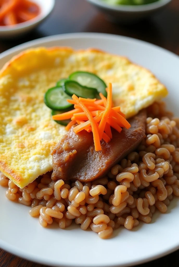 Draw  pork rice with egg olmalette and pickle vegetables 