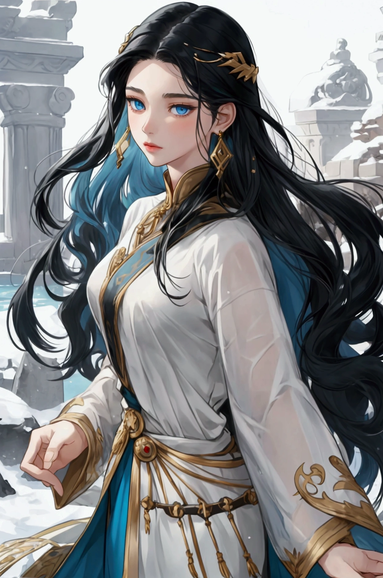 snow-white skin, jet black long hair, sea blue eyes, graceful gold earrings, young woman, extraordinary beauty, slightly reddened cheeks, Antiquity, Kleidungsstil der Antiquity, slightly muscular, anime style