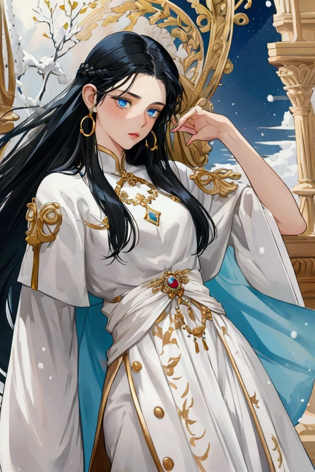 snow-white skin, jet black long hair, sea blue eyes, graceful gold earrings, young woman, extraordinary beauty, slightly reddened cheeks, Antiquity, Kleidungsstil der Antiquity, slightly muscular, anime style