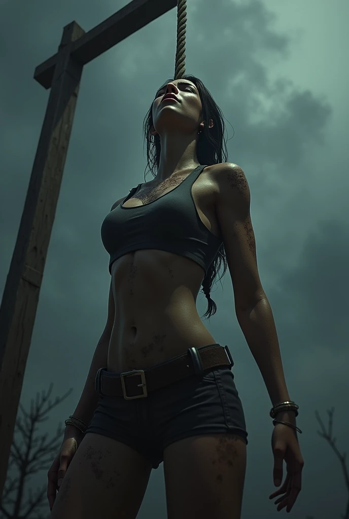Lara croft hanged to death in the gallows , tongue out, unconscious , rope on neck , death scene, close up, painful expression 