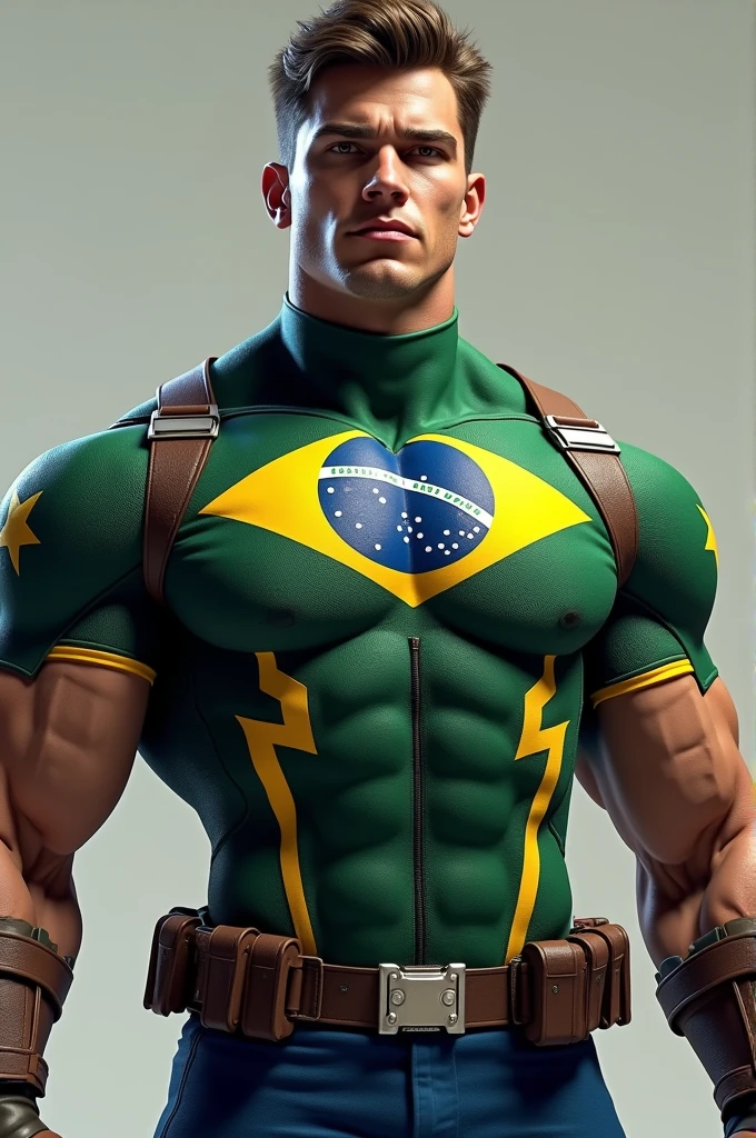 Generate for me a realistic character similar to Captain America, the image should be from the waist up of the character, the character's clothing and body should be similar to Captain America's but the colors of his superhero suit should be in the colors of Brazil, green, yellow and blue, and on his chest he should have the Brazilian army symbol.