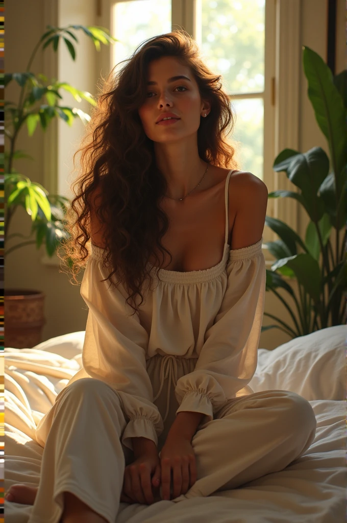 (photorealism:1.2), beautiful woman, sitting on bed, wearing loose off-shoulder top, pajama pants, long curly hair, indoors, soft lighting, plants in background, window with sunlight, cozy room, relaxed pose, realistic, intricate details, warm colors, by Greg Rutkowski, by Alphonse Mucha
