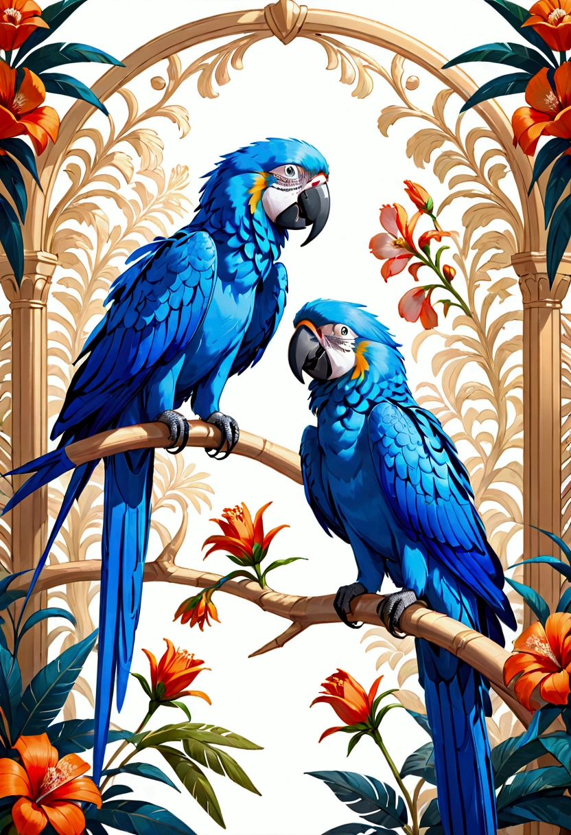 Blue macaws looking at each other with a flower in the background