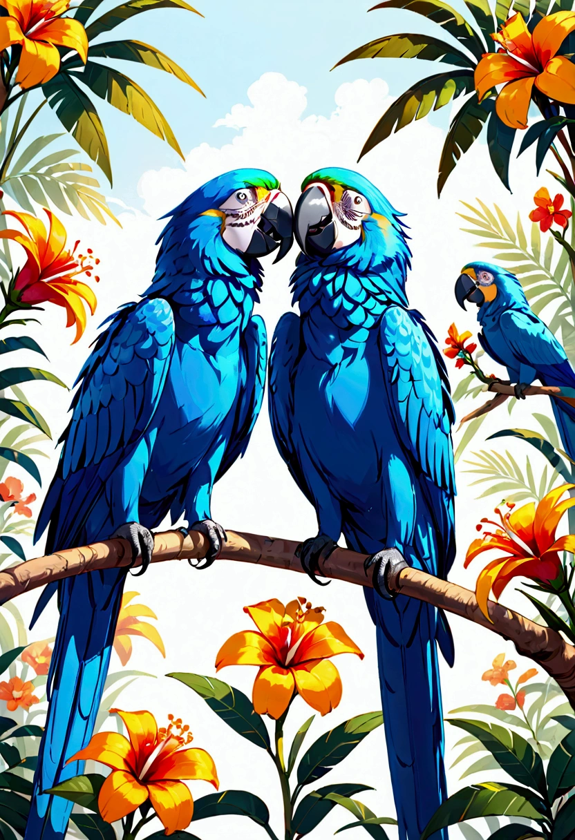 Blue macaws looking at each other with a flower in the background