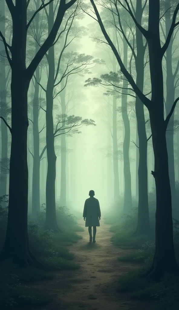 A misty forest with a single clear path cutting through, representing the clarity gained when we overcome imagined fears, Illustration drawing Stoicism