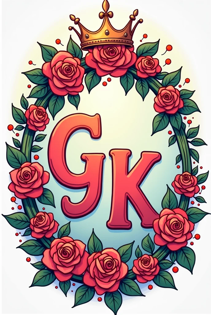 Drawing with words "G e K" wrapped in a 2D cartoon rose crown with vibrant colors