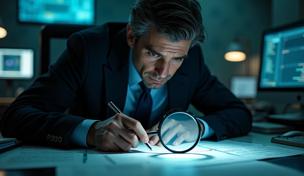 A detective examining digital documents with a magnifying glass. 
