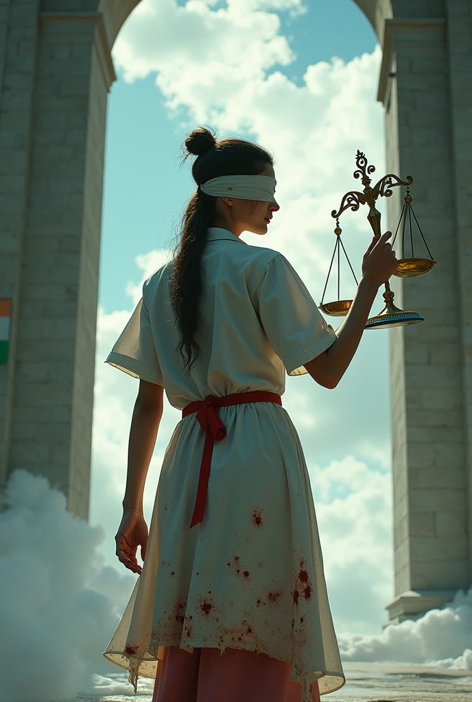 Female doctor wearing doctor's apron with stethoscope asking for justice symbol holding on one hand, afraid and crying(blind fold) infront of heaven door(typical cloudy and shiny heaven door) show her back side include indian tricolour flag. make it natural looking and tear her clothes like she got into road accident bleeding all over