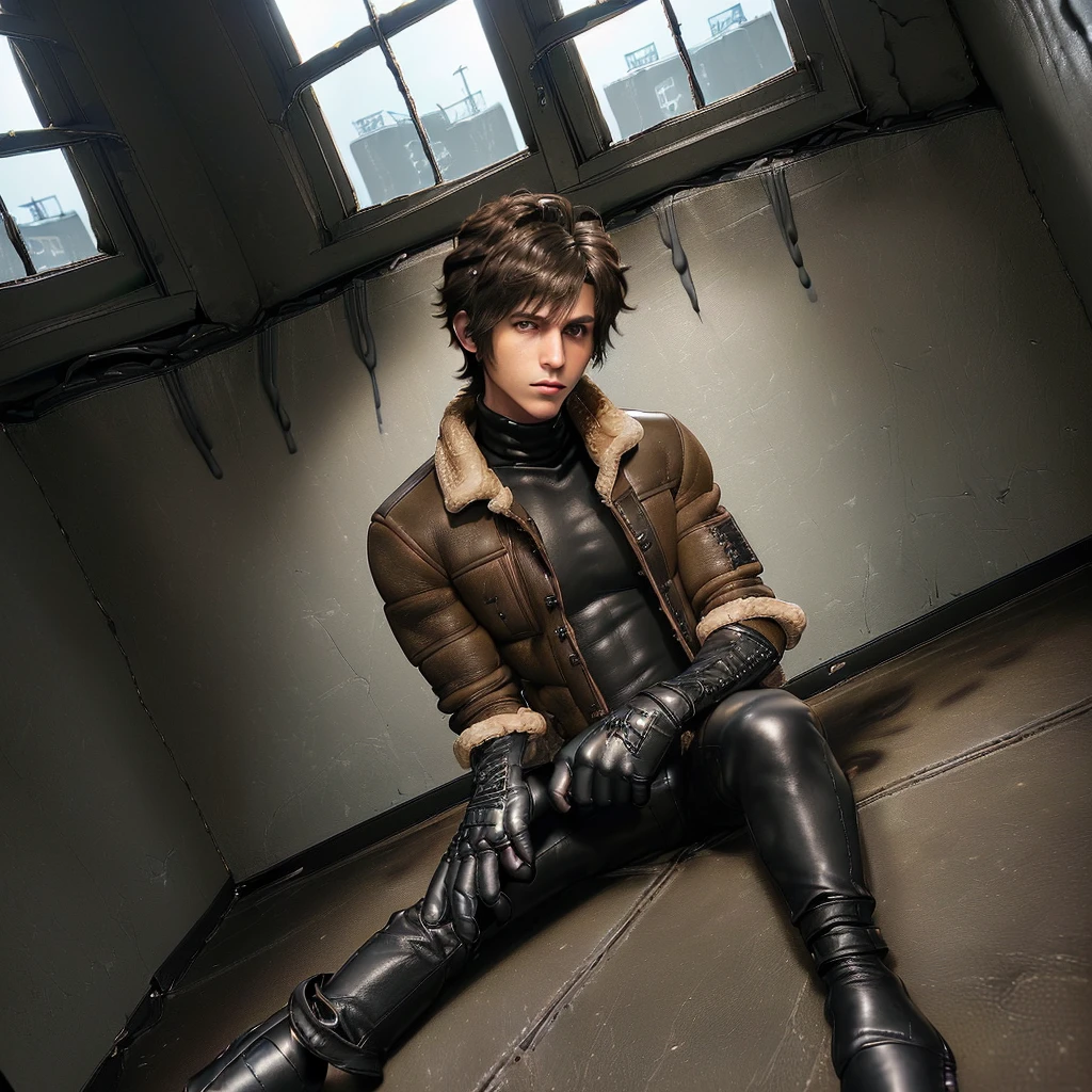 Final fantasy taste and reality graphics, ((Japanese young cute and cool ikemen boy)), his age is early 20s, thin eyebrows and beady eyes, (((he wearing light brown color shearling jacket))), ((jacket is no leather and waist length)), ((fur color is white)),
((also wearing black thick turtleneck polyester shirts)), ((tight black leather long pants)), ((((black leather tight and thin leather full finger glove both hands)))), black leather knee-high raceup boots,must views head-to-toe,must views whole body,,((((boy in the windowless prison room)))),(((boy sitting on the floor, curl up and holding your knees))),boy is resigned look.