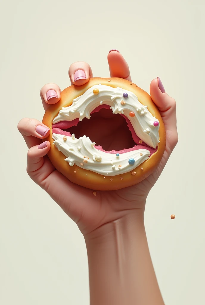make a white frosting dirty mouth and a hand holding a bitten donut