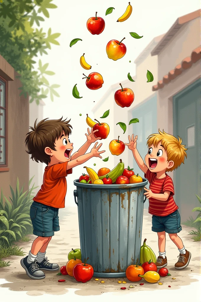 Drawing of children throwing leftover fruit into the trash can