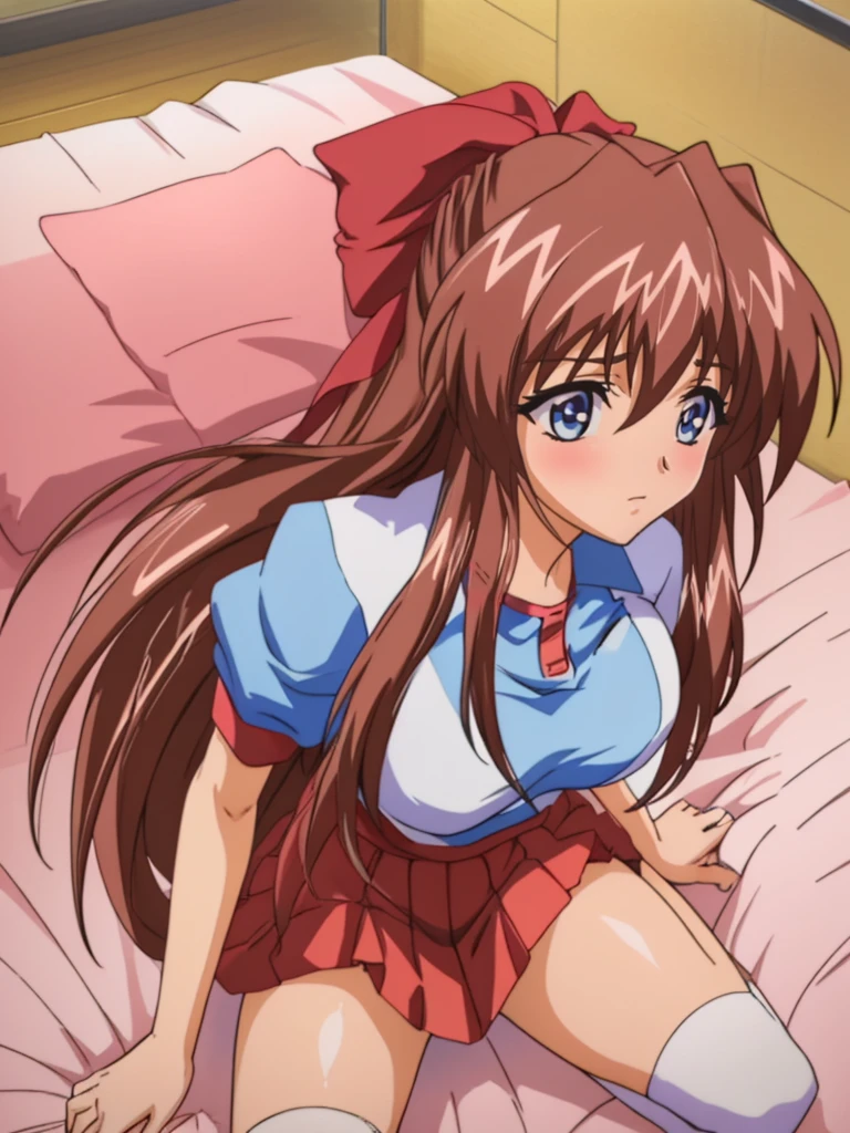 (Anime artwork, Anime Style, Studio Anime, Very detailed, up to date, Vibrant, Anime Coloring Book, High Contrast, masterpiece:1.2, Highest quality, Best aesthetics), (Beautiful and detailed eyes:1.2), Aoi Tennis, 1 person, Hair Ribbon, Tennis uniform, Polo shirt, Raglan sleeves, Pleated skirt, Red Skirt, blush, Lips parted, liar, On the bed, Pink Good, On all fours,On all foursになって,Crawling towards the viewer,Cleavage, From above, Skirt Lift, No pants,White knee socks,Asymmetrical bangs, Perfect Proportions, Skin with attention to detail, cute, Detailed face,
