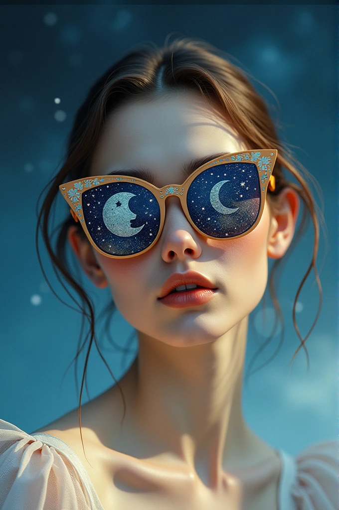 The model is wearing glass sunglasses with stars and the moon on the glass