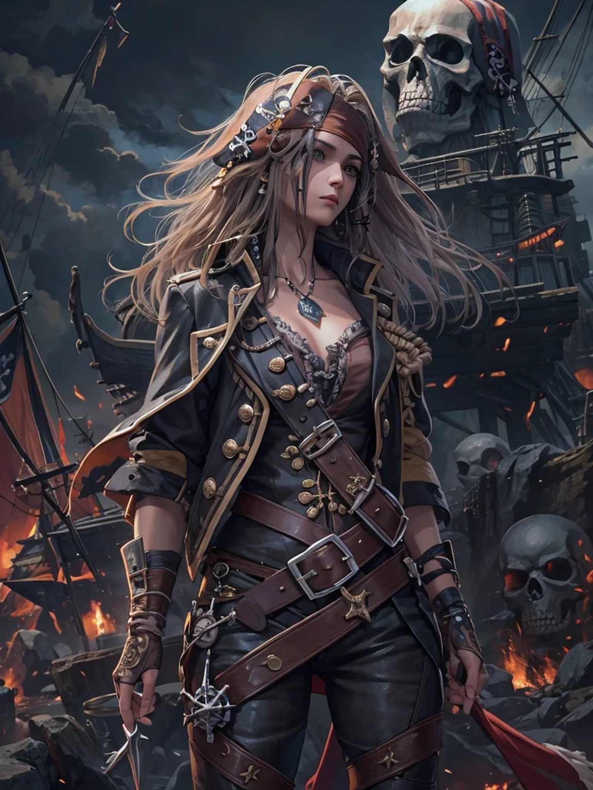 ((highest quallity)),(ultra-high resolution),(very detailled),(Detailed Description),((The best CG)),(a masterpiece),ultra-detailed art,amazing drawing art,(Fantasy art with intricate details:1.5), (female pirate with a guitar :1.5). Skull flag