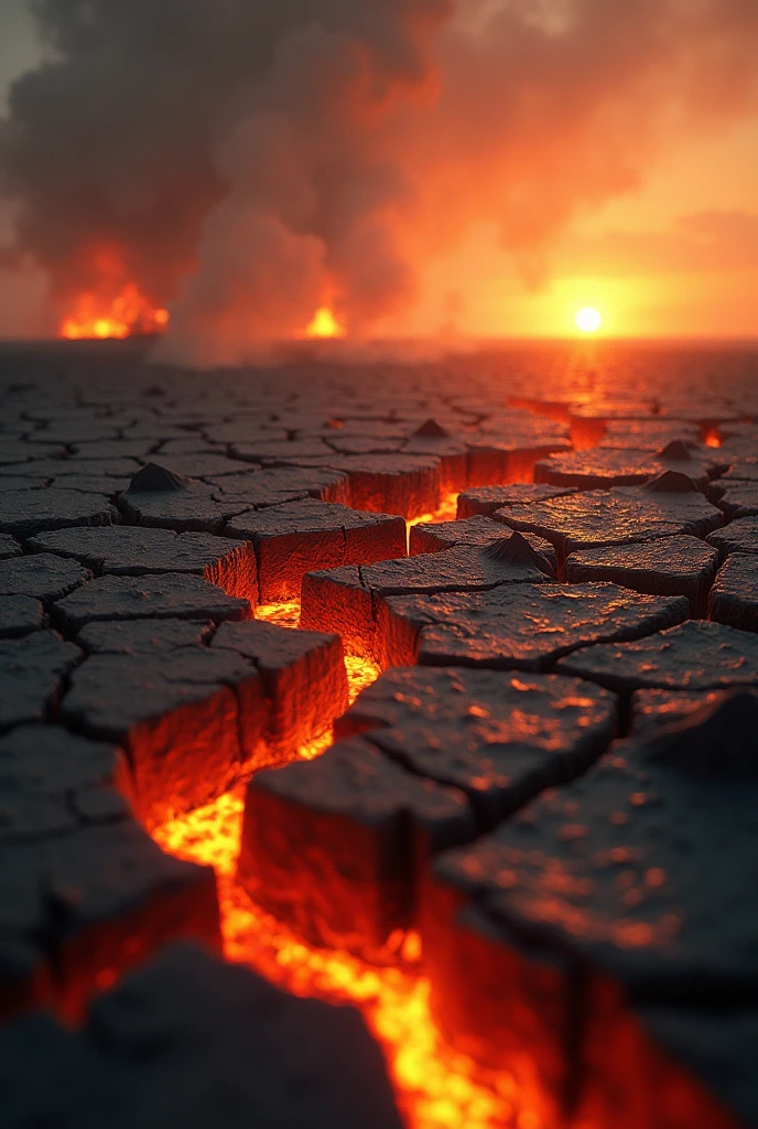Generate another image related to global warming, with fire, cracked floor, meaning in the world