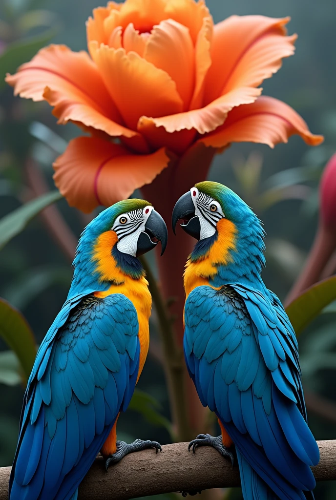 Blue macaws looking at each other with a giant flower in the background