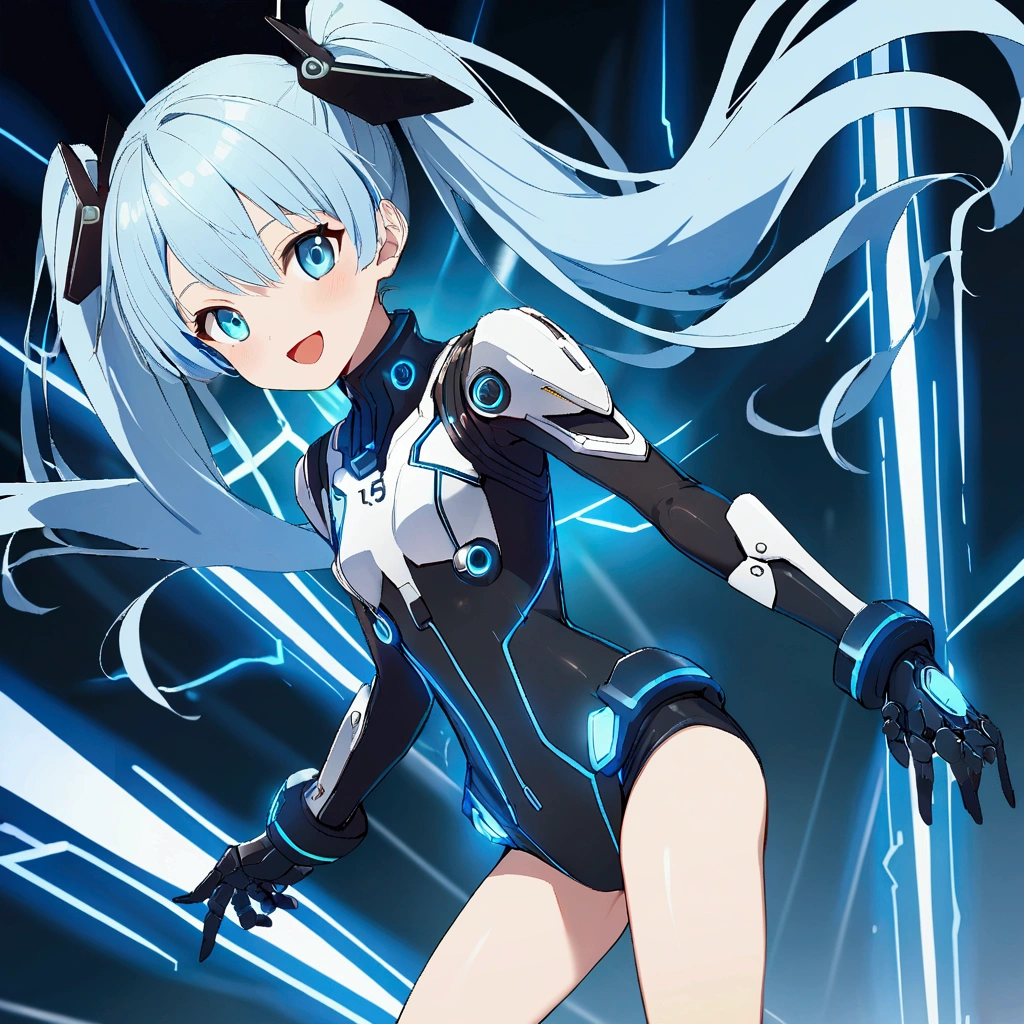 1 girl, , 15 years old, long hair, twin tail, light blue hair, light blue eyes, ((smile)), open mouth, cyber, cyber suit, bare legs, thin legs, gauntlet, cyber, Thunder,