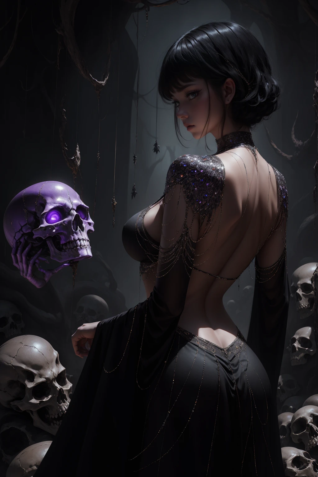 (Masterpiece - Ultra-Detailed, High Resolution) woman 30 years old, witchcraft, magician,magic clothes, where poison potions and vines abound, a woman (hutless), short black hair (black hair), (bangs), (purple eyes), looks at you amidst a pile of bones and skulls. Indifferent look , merciless. among the skulls, dancing witk a demon, Angry face, dinamic poses, egoist smile, upper body, black lipstick, backwards, looking back