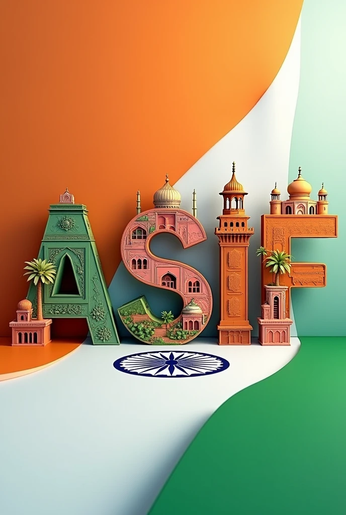 Generate an ai 3D image of my alphabetical name "ASIF" Using the three colours of indian flag along with ashoka chakra and the alphabets of the name must be designed with famous architecture of india like taj mahal, red fort etc