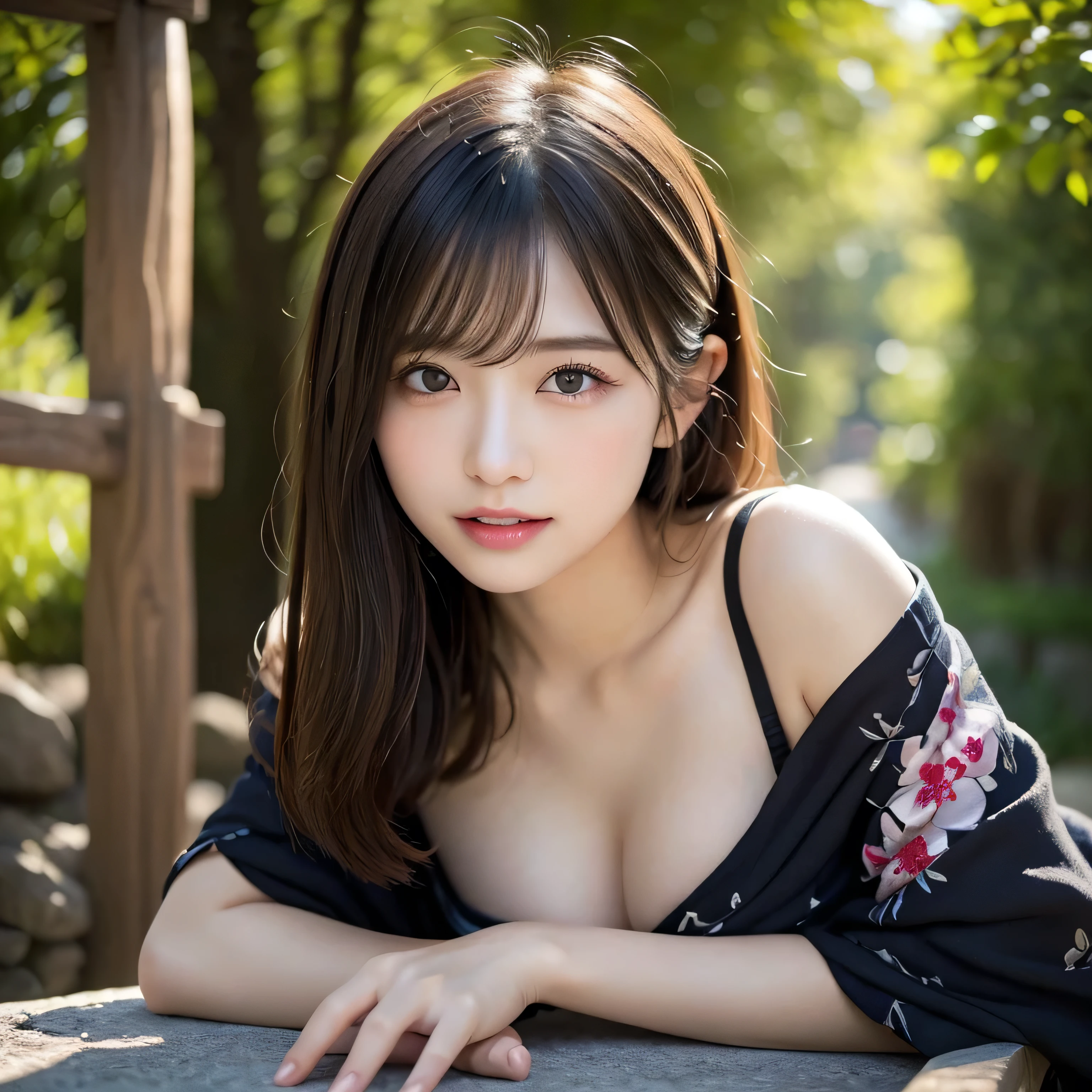 ｛A sheer black yukata｝、｛Mysterious Shrine｝、｛Large Torii Gate｝、 ｛Morning sunlight filtering through the trees｝、｛Japanese Shrines｝、｛Hair tied up｝、｛sit cross-legged｝、美しいJapanese people women、Sharp focus, Perfect dynamic composition、Tilt your head、Close-up portrait, Model body type、 masterpiece、Highest quality、Ultra-high resolution、Ultra-high resolution photo、Smooth upscaled images 、HD resolution,、High Quality Boost,、Contrast Boost、Hyperrealism、Super fine、8k、elegant、 １people、Japanese people women、美しいJapanese people women、Ultra detailed face,、Captivating smile、cute、White skin、Fair skinの美しい肌、Brown eyes、Beautiful symmetrical face、Small face、Age 25、Beautiful black hair、 Beautiful small breasts、Skin between real people、Perfect figure、Perfect anatomical figure、whole body photos、Detailed and realistic people bodies、Detailed and realistic skin、Realistic face in every detail、Detailed and realistic eyes、Detailed and realistic lips、Detailed and realistic teeth、Detailed and realistic ears、Detailed and realistic hair、Beautiful Hands、Realistic feet down to the last detail、Realistic breasts down to the last detail、Realistic areola down to the last detail、Realistic nipples down to the last detail、Realistic female genitalia down to the smallest detail、Realistic vagina down to the last detail、Detailed and realistic clitoris、Realistic anus down to the last detail、Thick pubic hair with realistic detail、whole body、whole bodywhite skin、Fair skin、Check and fix the skeleton、Pubic hair is thick、Thick pubic hair、 Completely naked、urination、Pleasant expression、Blushing cheeks and an ecstatic expression, Leaking urine、A sex toy is inserted into the anus、Bun Hair、Wearing sandals、｛Yukata Girls｝、Put your arms behind your back、Open your mouth、 ｛In the mysterious forest｝、Wooden table、｛surrounded with plants｝、