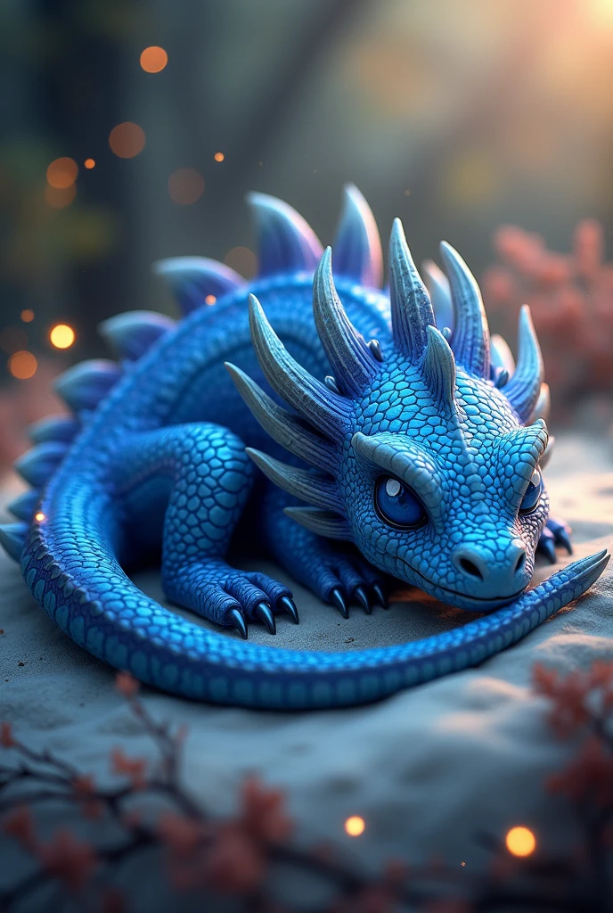 A 17-year-old adolescent blue dragon, detailed scales, iridescent blue scales, glowing eyes, sharp teeth, claws, small wings, curled body, sleeping, adorable, magical creature, fantasy art, digital painting, highly detailed, 8k, photorealistic, cinematic lighting, warm color palette