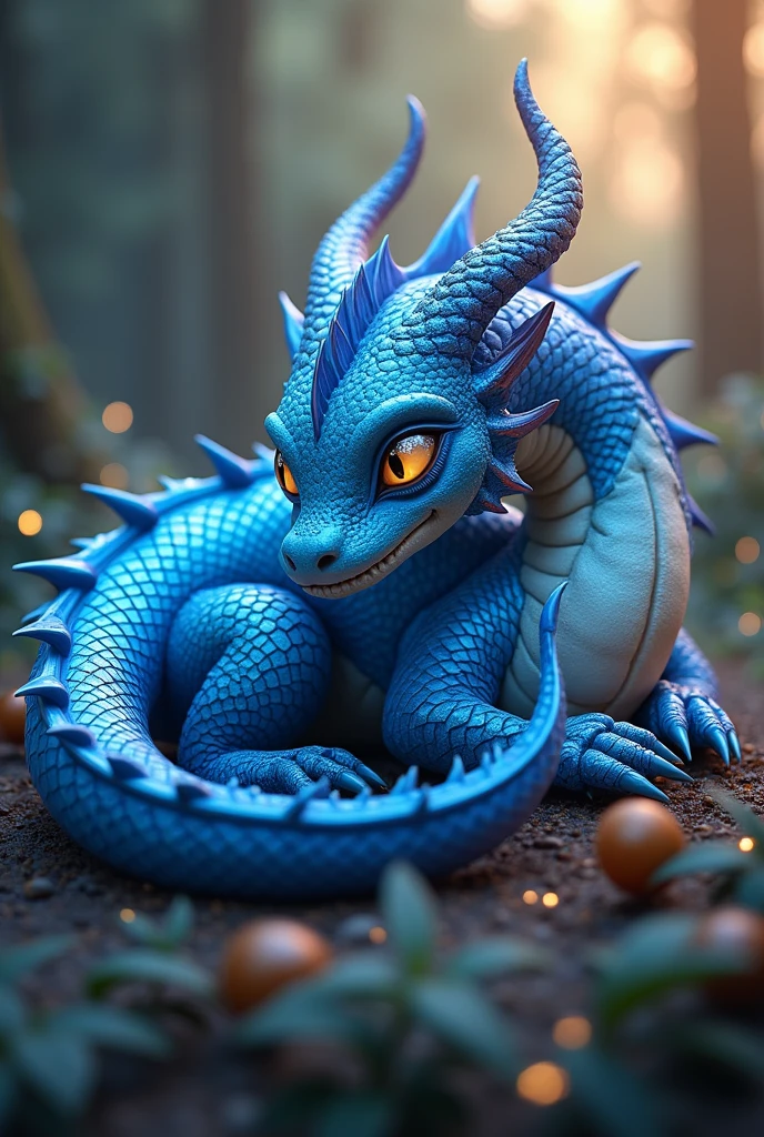 A 17-year-old adolescent blue dragon, detailed scales, iridescent blue scales, glowing eyes, sharp teeth, claws, small wings, curled body, sleeping, adorable, magical creature, fantasy art, digital painting, highly detailed, 8k, photorealistic, cinematic lighting, warm color palette