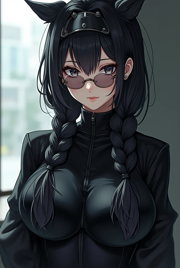 masterpiece, high quality cg, anime, illustration, best quality, 1girl, bound, bondage, beautiful face, detailed face, cowboy shot, dokkaebi, 1girl, solo, looking at viewer, black hair, braid, glasses, black gloves, belt, pants, black eyes, twin braids, streaked hair, black headwear, bodysuit, black pants, round eyewear, black bodysuit, beanie, hair behind ear,