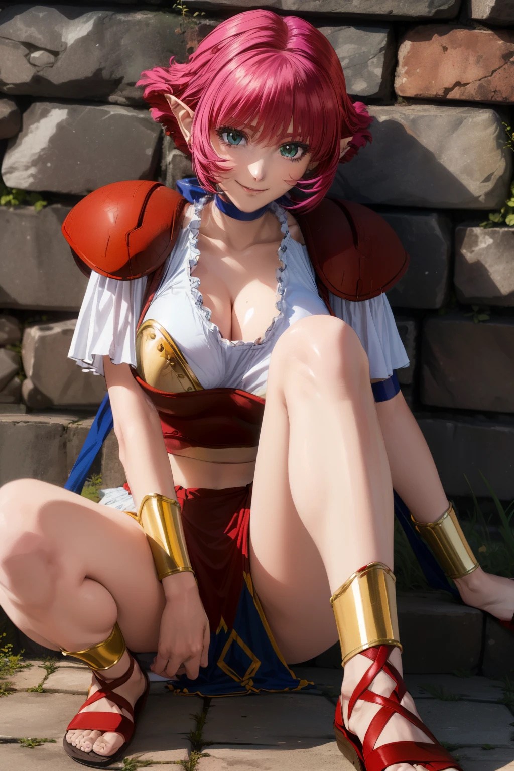 (((calarsr, pauldrons, choker, crop top, cleavage, bracelet, armlet, pelvic curtain, anklet, sandals, shoulder armor))、Big Breasts:1.2、Random Pause、from the front、smile、Eyeliner、eyeliner、eyelash、Beauty、Shiny skin:1.5,Thighs、Sitting on a stone wall