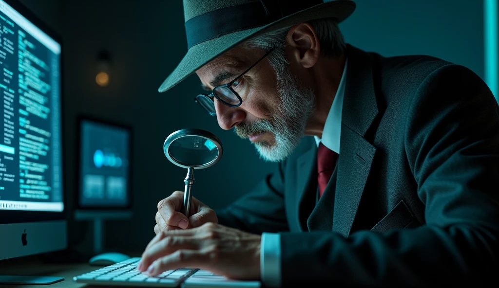 A detective examining digital documents with a magnifying glass. 

