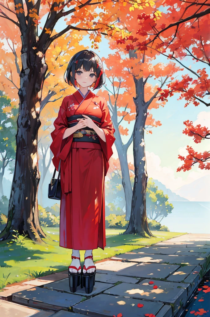 Standing beneath the crimson maple tree、With red short hair、Wearing a black yukata、wearing geta sandals、youth、man