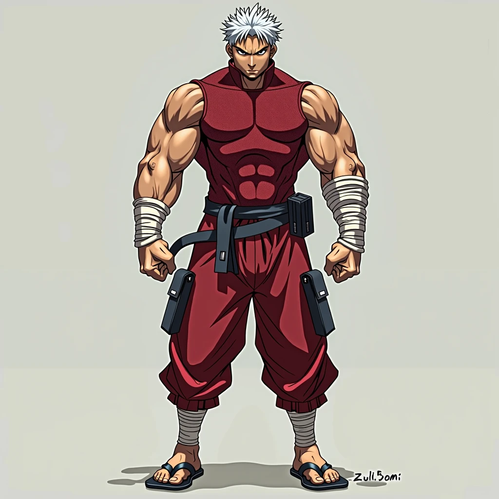 a dynamic illustration of Munashi Kurotani, a young yet physically imposing 15-year-old character standing at 203 cm with a muscular build. He has pure white hair and eyes. Munashi is dressed in a tight-fitting, deep red shirt made from special mesh fabric with a high collar and no sleeves, paired with matching red, slightly loose combat pants. He wears dark-colored ninja sandals. Over his shirt, he dons a rugged combat jacket. His right arm features a bandaged hands, while both legs have hip-pouches with additional bandages wrapped around them. Capture him in a reflective or intense training pose, emphasizing his immense physical strength. The overall mood should convey his formidable presence.