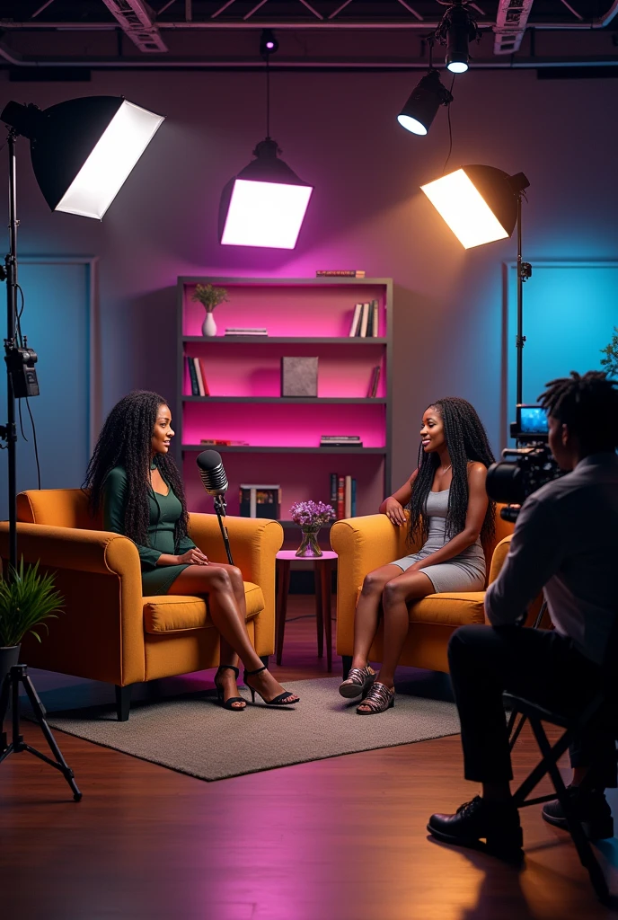 Wide Interview studio, with two sofa, microphone,wall art , two camera, lightning setup, two long hair with short dress habesha girls on the sofa, rasta habesha camera man,led lights on background, simple book shelf