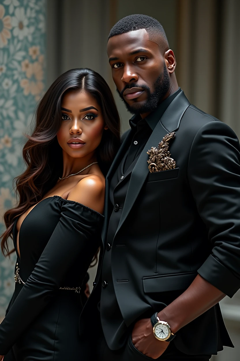 Stunning medium shot photograph of an African American couple 1 handsome black man with short fade haircut luxury black camsa, 1 beautiful Latin woman with dark skin chocolate color eyes looking at viewer emerald green color, seductive big body balanced , perfect beauty, long silky hair with waves, romantic scene