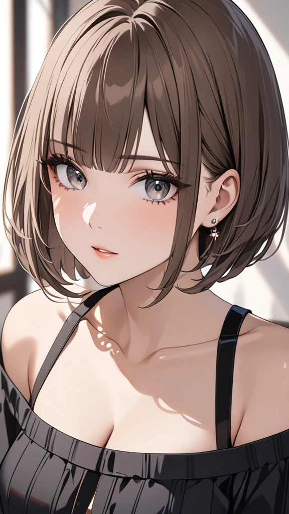 Highest quality masterpiece High resolution masterpiece Brown Bob Grey Eyes blunt cut