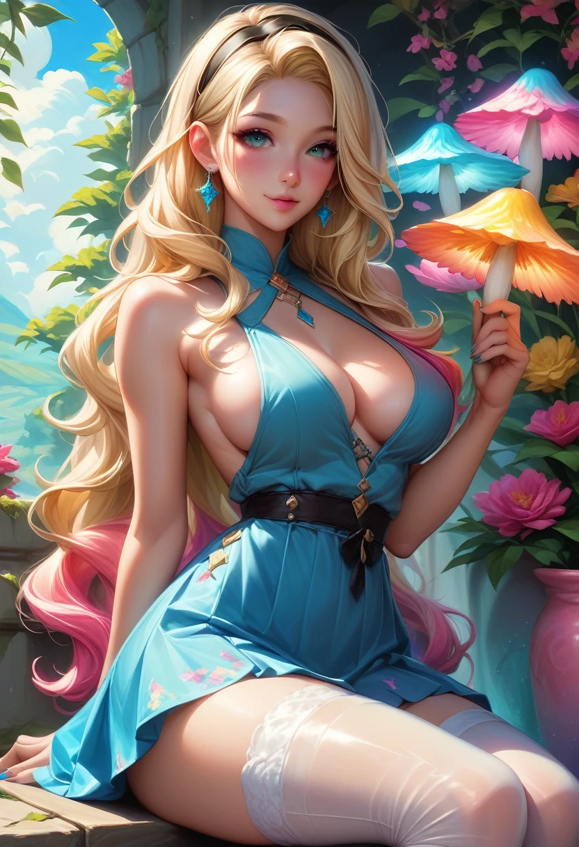 a beautiful 20 year old blonde woman with big messy hair in a short blue dress, white stockings, a thin black hairband, cleavage, holding a glowing mushroom, sitting on a giant glowing mushroom, side shot, sideboob, fantasy art style, cartoon vibrant, cute detailed digital art, colorful digital fantasy art, digital fantasy art ), glossy digital painting, pastel vibrant