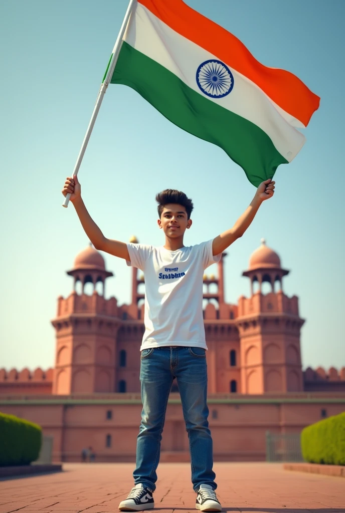 
A real 24 years old boy, Wearing White T shirt blue jeans sneakers and the name "Shubham" is written on his t-shirt and the boy is standing on the road with holding a national flag of India, and behind him is the Red Fort Delhi. And written on sky "Independence Day" Create Realistic image high qua
