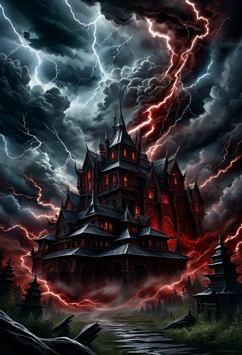 **Prompt:**  
A dark and ominous environment with swirling black and red clouds, illuminated by striking bolts of lightning, in the style of gothic fantasy, intense contrast and dramatic lighting, with the electric flashes highlighting the turbulent clouds, creating a foreboding and powerful atmosphere, highly detailed textures in the clouds and lightning, UHD quality —ar 2:3 —v 5.1.