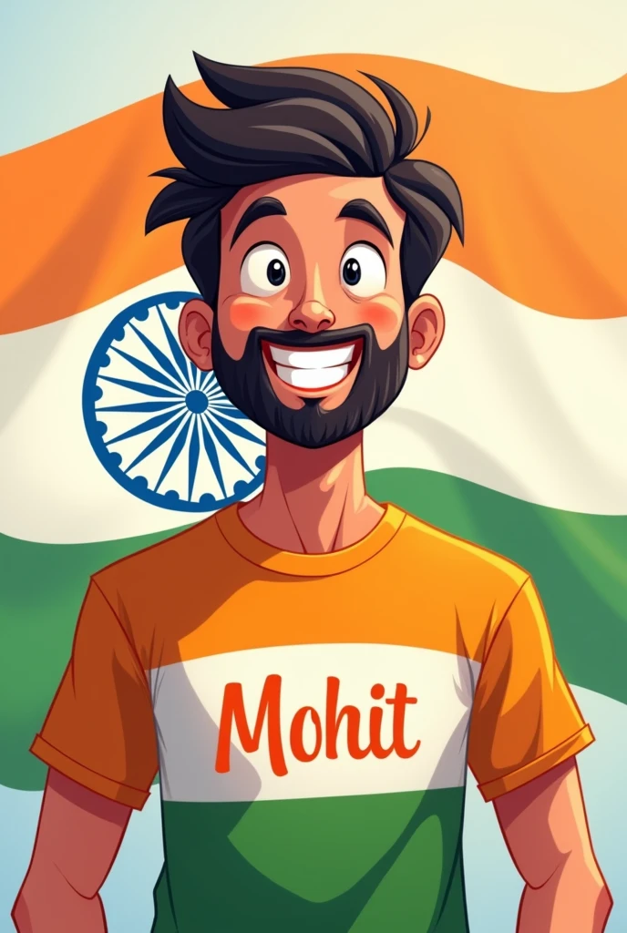 ek image 20 saal ke ladke ki jiske shirt ke centre main  "Mohit "  likha ho   background me India ka flag ho or happy indipendent in cartoon quality and his shirt like India colour 