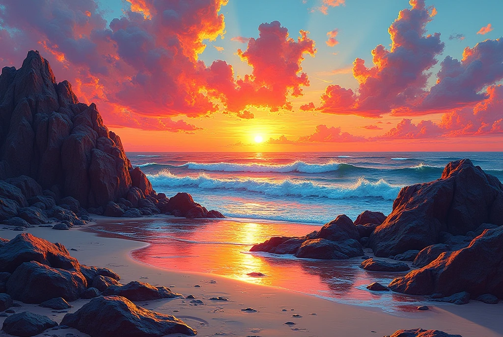 a sunset over the ocean with rocks and a beach, abstract painting, inkpunk, broad brush stroke, smeared patterns, vibrant colors, random dripping paint, splashes, graphic portrait, best quality, 8k, highres, masterpiece, ultra-detailed, realistic, photo-realistic, HDR, UHD, studio lighting, ultra-fine painting, sharp focus, physically-based rendering, extreme detail description, professional, vivid colors, bokeh