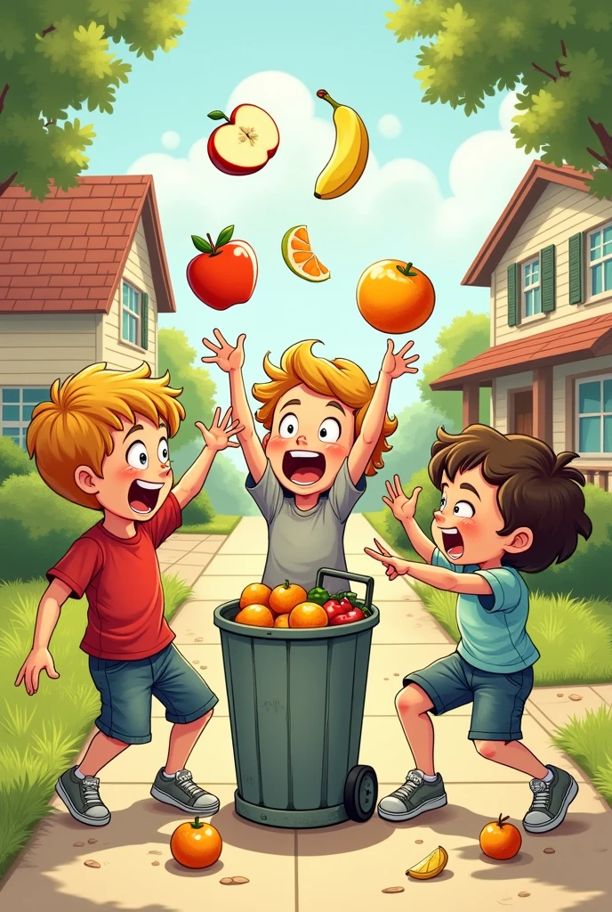 Drawing of children throwing leftover fruit into the trash can

