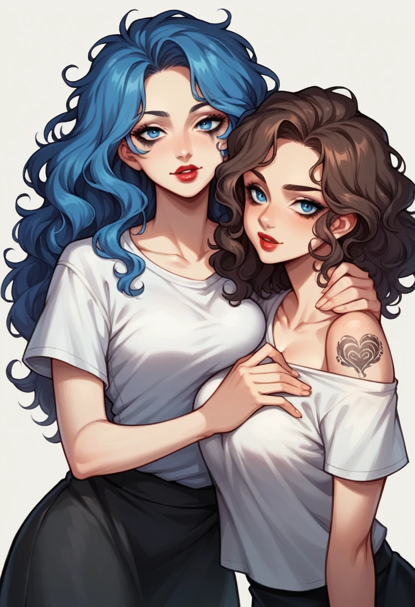 Anime style, 1girl, women, seductive expression, bright red lips, sexy tattoo on hand, neck , brunette, black and blue multi colored hair, short, wavy hair, messy hair, curly hair, beautiful detailed dark eye makeup, beautiful detailed blue eye, white t-shirts, black short flowy skirt, sexy neckline, large neckline