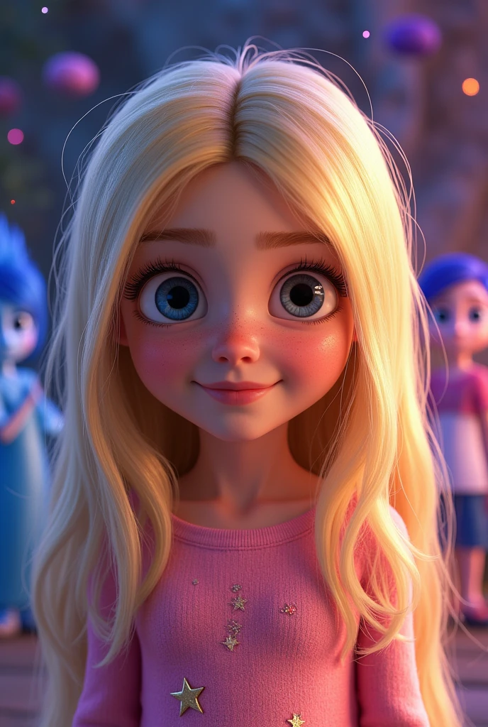 a 5--old zilian girl, small, honey-colored eyes, very long hair, smooth ass, blond, white skin with text "MELINA AND MIGUEL ", with the background featuring the characters from the movie Inside Out 2, Pixar-style birthday invitation