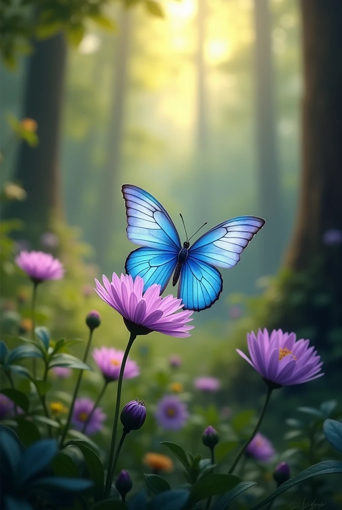 Spawns a blue butterfly in a forest on a purple flower during the day