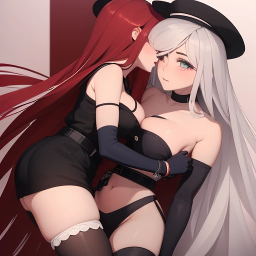 ((having hot lesbian sex in the bedroom. They are kissing, fondling, licking and with so much passion, these brunettes are so damn hot.)),(masterpiece, best quality:1.4), absurdres, highres, ultra detailed, beautiful, (secretary), (perfect face, detailed face, beautiful:1.3),(natural breasts, cleavage), collarbone, fingerless gloves, gloves,spaghetti strap top, black pencil skirt, tight, over the knee skirt, hat, elegant secretary outfit, thighhighs, thick thighs, thighs, multiple belts, More detailed 8K.motor irreal:1.4,UHD,La mejor calidad:1.4, fotorrealista:1.4, textura de la piel:1.4, obra maestra:1.8,obra-prima, mejor calidad,objeto Objeto], (detailed face features:1.3),(manos detailed)