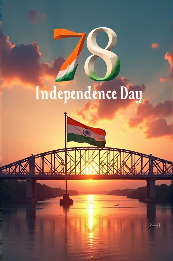 Make some pictures about India's Independence Day.   The Indian flag behind the Howrah Bridge and the 78th Independence Day written in the sky will be at sunrise