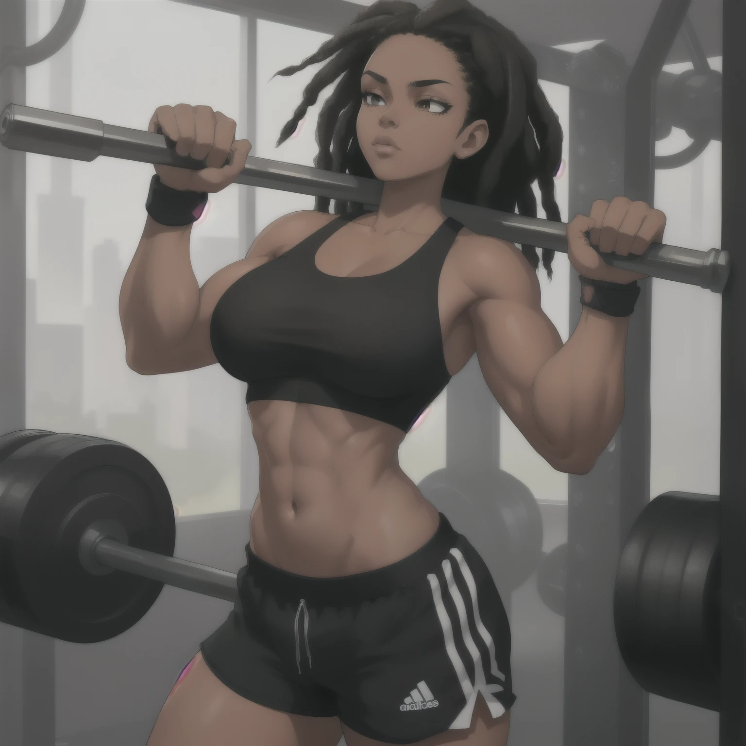 black woman, short dreads, lifting dumbbell, bicep curls, black sports bra and shorts, (4k, best quality, masterpiece) Gym background,